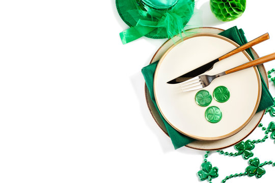 Festive table setting for St.Patrick's day. Copy spase, top view.