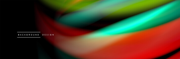 Silk and smooth flow wave poster design. Color waves, liquid style lines and shapes in black color background