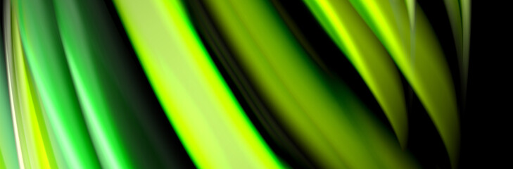 Silk and smooth flow wave poster design. Color waves, liquid style lines and shapes in black color background