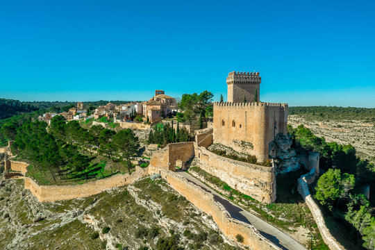 Aerial view of Alarcon castle, parador and fortifications along the Jucar river in Cuenca province Spain