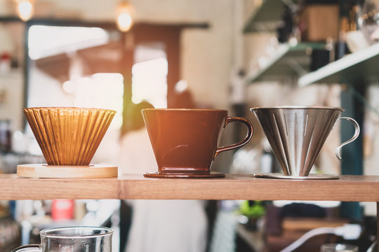 Closed up of dripper for make coffee manualy with sunlight.