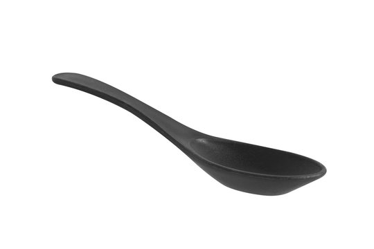 Black Ceramic Spoon For Japanese Food Isolated On White Background, Vintage Japanese Spoon