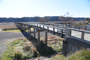 Guinness certification, the longest wooden footbridge in the world / Horaibashi-bridge in Shimada City, Shizuoka Prefecture, Japan.