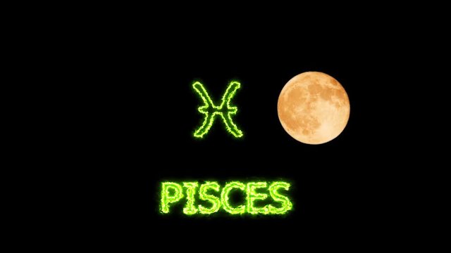 pisces text saber effect and zodiac symbol is slowing appear and full moon