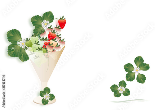 Fototapete イチゴとイチゴの花や葉をグラスに飾ったイラストの背景素材赤白緑のイチゴ Abbildung Kaede