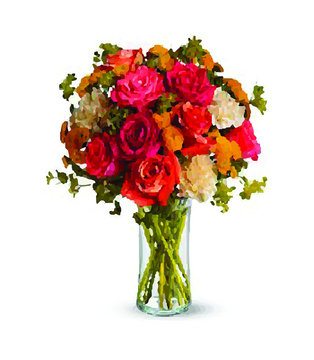 Many colorful bouquet of flowers in a glass vase on a white background