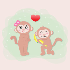 A cartoon monkey is offering banana gifts to his girlfriend,vector illustration paper art style.