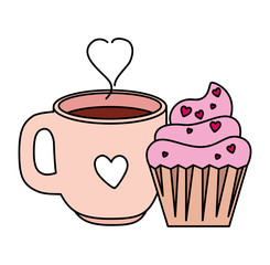cup coffee with cupcake isolated icon