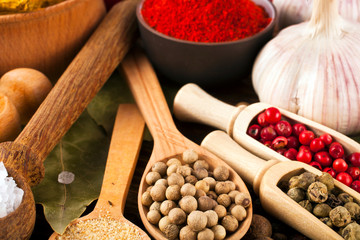 A variety of peppercorns in spoons, sea salt, red pepper in a cup, fresh garlic. Spices on wooden background. 