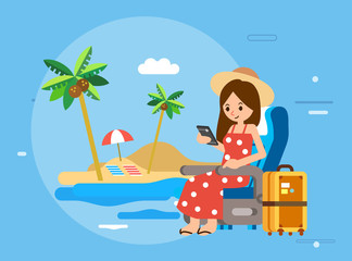 women character holding smartphone,sit on transportation chair and going vacation on beach, suitcase beside, and beach as a background vector illustration