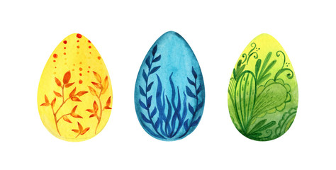 Easter set of hand painted eggs, watercolor illustration with floral patterns. green, blue, yellow