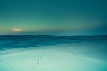 Bright unreal blue desert landscape. Night time mood. A chain of traces stretches to the horizon. Stockton Sand Dunes near the coast, Worimi Regional Park, Anna Bay, Australia
