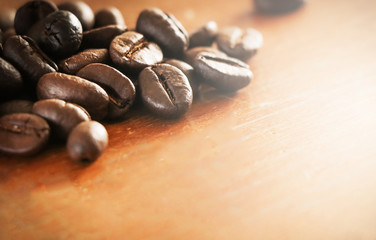 Coffee background coffee beans on the wooden floor
