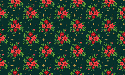 Christmas Flower pattern background, with simple of leaf and red flower design.