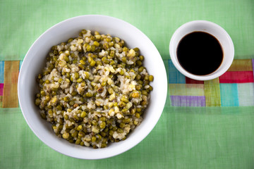 mung bean with white rice soup which is called Nokdujuk in Korea