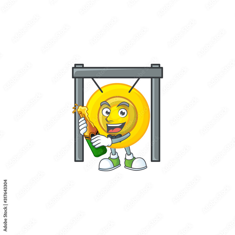 Sticker mascot cartoon design of chinese gong with bottle of beer