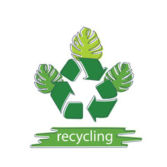 Vector illustration of a recycling sign with green leaves with the word recycling
