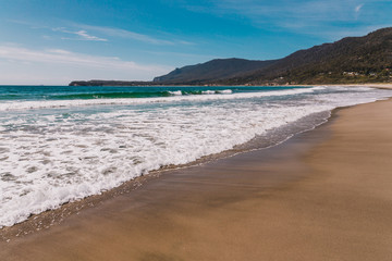 view of the beach next to the Tessalated Pavement in Eaglehack Neck in the Tasman Peninsula