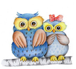Cute couple of owls. Watercolor hand drawn illustration. Isolated.