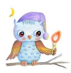 Cute cartoon owl with light in darkness. Watercolor illustration, hand drawn, isolated.