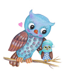 Two owls big and little, sitting, love, baby owl. Watercolor illustration in blue. Isolated.