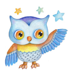Cute cartoon owl with stars, blue, colorful, isolated on white.