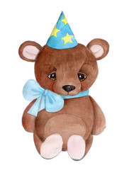 Teddy bear in blue clown cap, watercolor, isolated.