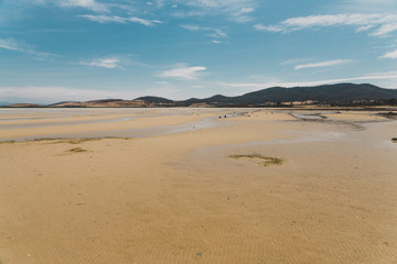 view of Dunalley Beach in Tasmania, Australia with sandbanks and shallow pristine water
