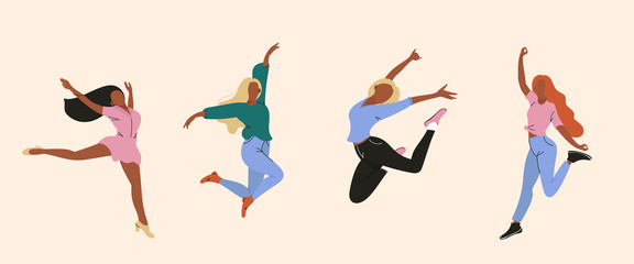 Vector illustration of dancing women, Happy dancing people, Trendy retro style Flat colorful vector illustration.