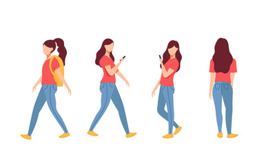 Fototapeta premium Young woman in casual clothes standing in different poses, Women and social media communication with gadget. isolated on white background - Vector illustration.