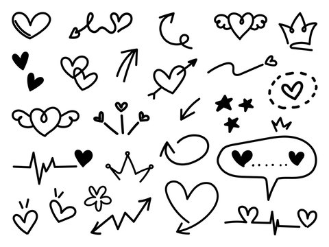 Hand drawn doodle vector collection with highlight text, arrow, firework, swirl, tail, flower, heart, graffiti crown, heart, love, speech bubble, star, cute sign for valentine and cute design element.
