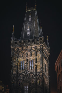 Picture of guard tower in Prague city, night time