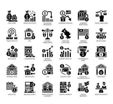 Set Of Financial Crisis Thin Line And Pixel Perfect Icons For Any Web And App Project.