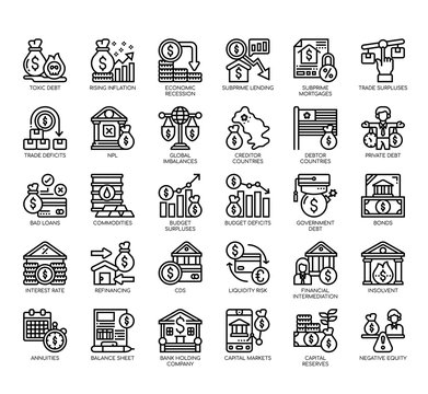 Set of financial crisis thin line and pixel perfect icons for any web and app project.