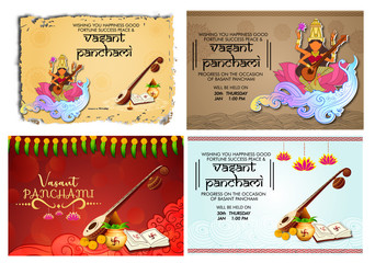 Easy to edit vector illustration of Goddess Saraswati for Vasant Panchami Puja the festival of india with colourful background with hindi text meaning vasant panchami