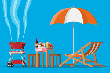 Bbq party or picnic. Table with bottle of wine, vegetables, cheese, can of beer. Electric grill with barbecue. Cooking steak, meat and sausages, grilling bbq. Vector illustration flat style