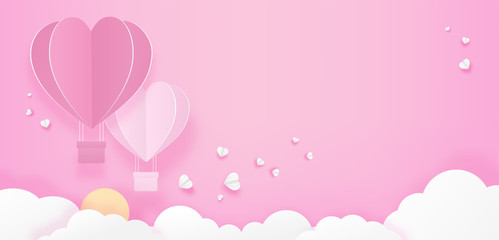 Fototapeta na wymiar Illustration of love. Paper cut style. Hearts balloon float overcloud on pink background. Vector illustration. 