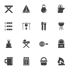 Cooking camping food vector icons set, modern solid symbol collection, filled style pictogram pack. Signs, logo illustration. Set includes icons as canned fish, bonfire, campfire, pot, tent, matches