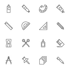 Art drawing tool line icons set. linear style symbols collection, stationery tool outline signs pack. vector graphics. Set includes icons as paint spray bottle, color palette, ruler, pencil, scissors