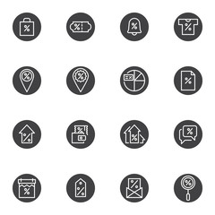 Sales promotion vector icons set, modern solid symbol collection filled style pictogram pack. Signs logo illustration. Set includes icons as percentage tag, discount label, financial diagram, shopping