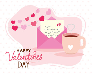 happy valentines day card with envelope and cup coffee