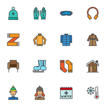 Winter season clothes filled outline icons set, line vector symbol collection, linear colorful pictogram pack. Signs, logo illustration, Set includes icons as wool hat, warm gloves, scarf, coat, socks