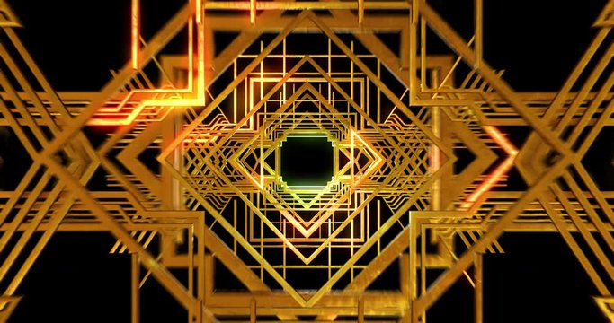 3d motion graphic looping of Art deco gatsby style gold metal structure, flying into the scene.