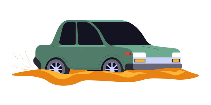 Car Accident, Vehicle Stuck In Mud Or Dirty Puddle Isolated Icon