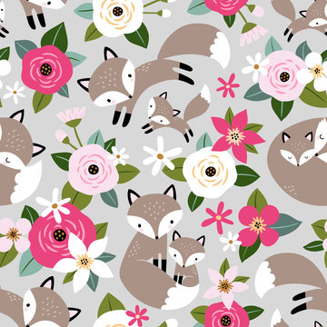 Seamless Vector Pattern With Cute Hand Drawn Fox Family And Flowers On Lifgt Grey Background. Perfect For Textile, Wallpaper Or Print Design.