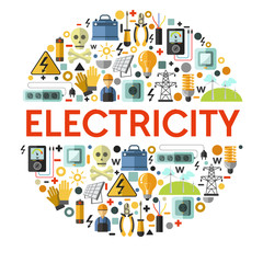 Electricity icons on banner, electrician tools and energy generation