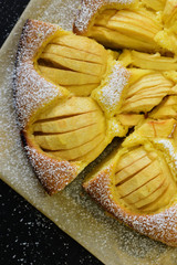 Close-up of a fresh, juicy, homemade apple pie, photographed from above, with icing sugar on baking paper on a dark plate in portrait format