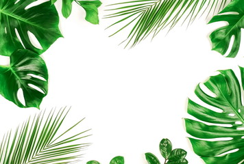 tropical green monstera leaves , branches pattern frame isolated on a white background. top view.copy space.abstract.