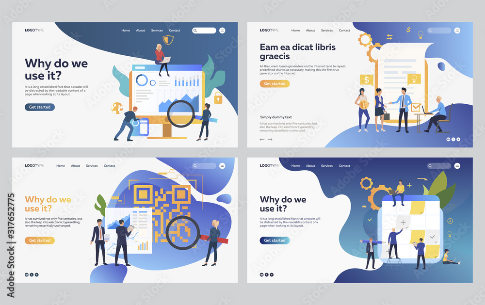 Poster Set of managers analyzing application statistics. Flat vector illustrations of business people creating project. Analytics, planning concept for banner, website design or landing web page