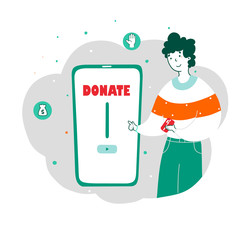 Young man donating money online flat vector illustration